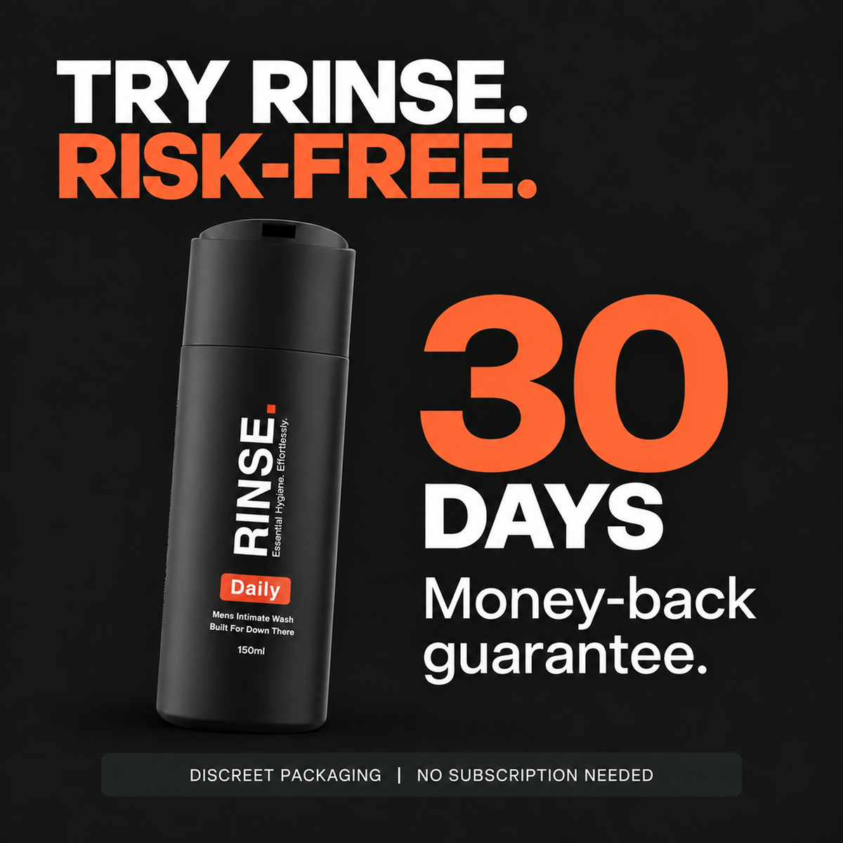 RINSE men’s intimate wash with a 30-day money-back guarantee, discreet packaging and no subscription needed.