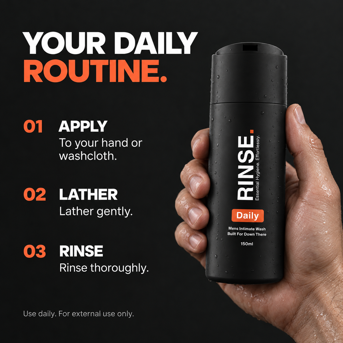 RINSE men’s intimate wash being held in a wet hand, showing the apply, lather and rinse routine.