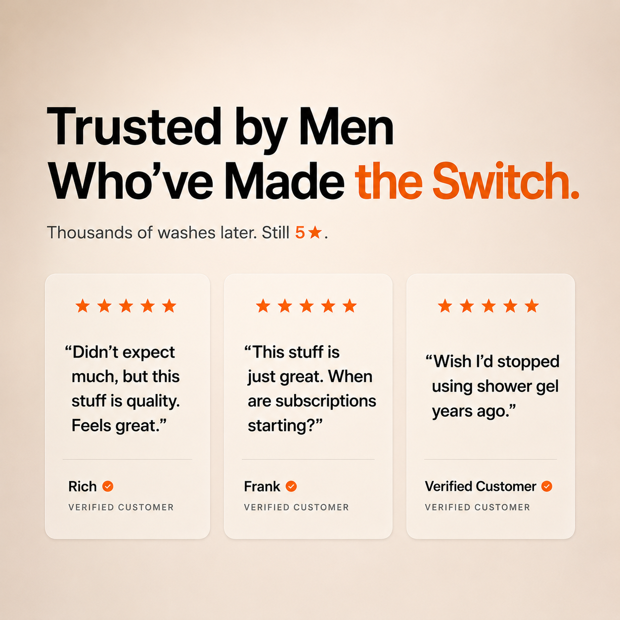 Customer reviews for RINSE Daily men's intimate wash highlighting freshness, comfort and confidence after switching from regular body wash.