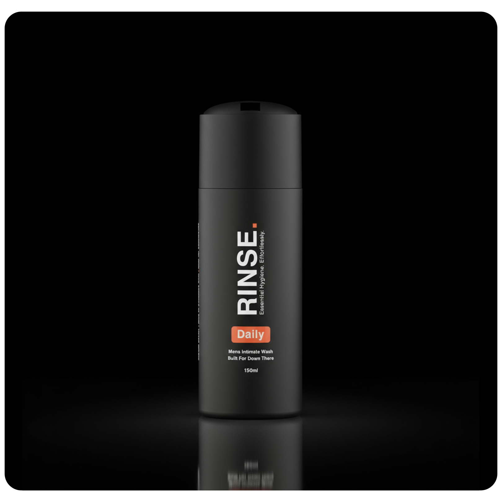 Black bottle of RINSE Daily menβs intimate wash on a dark background