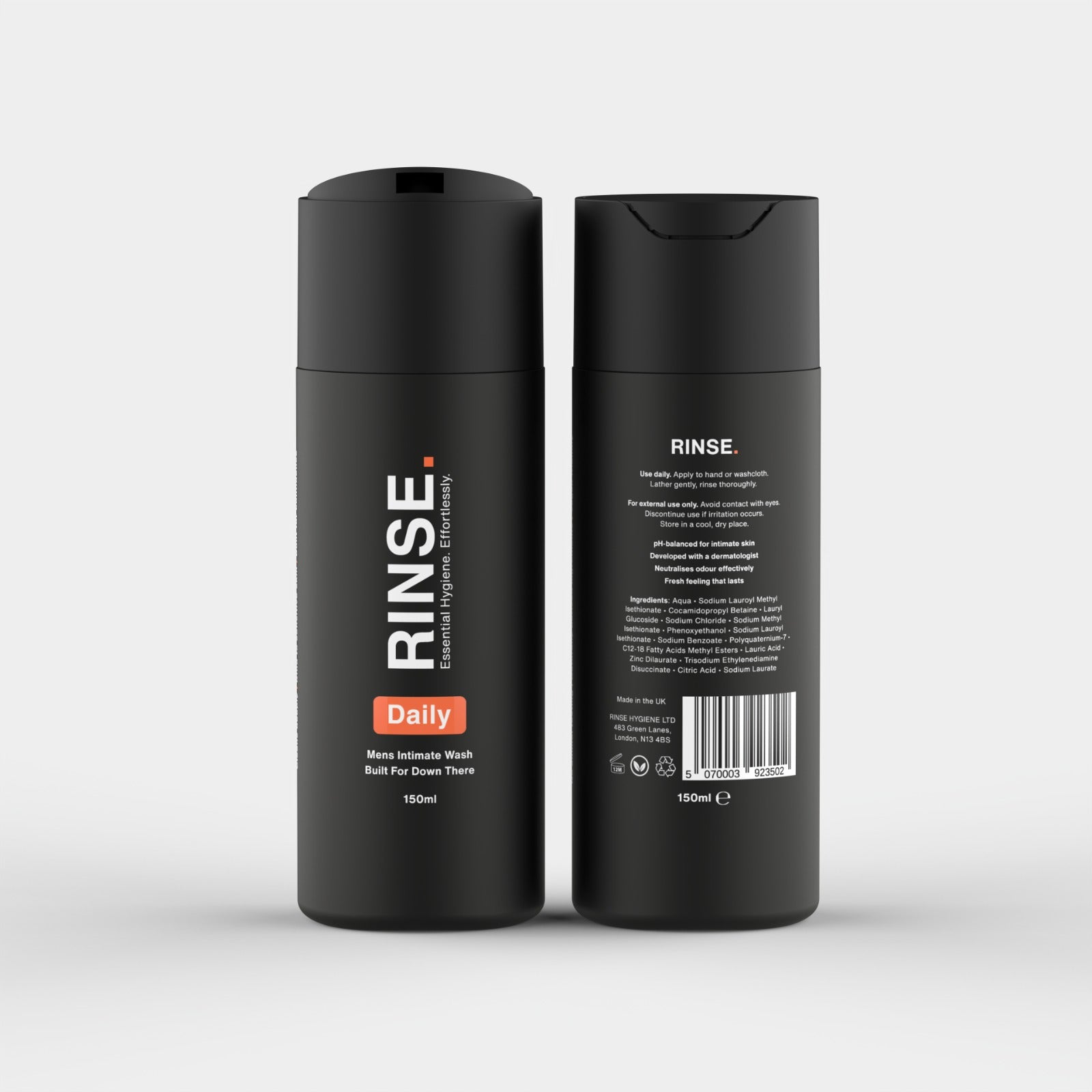 RINSE Daily men’s intimate wash 150ml bottle showing front and back design, label details, and premium minimalist packaging.