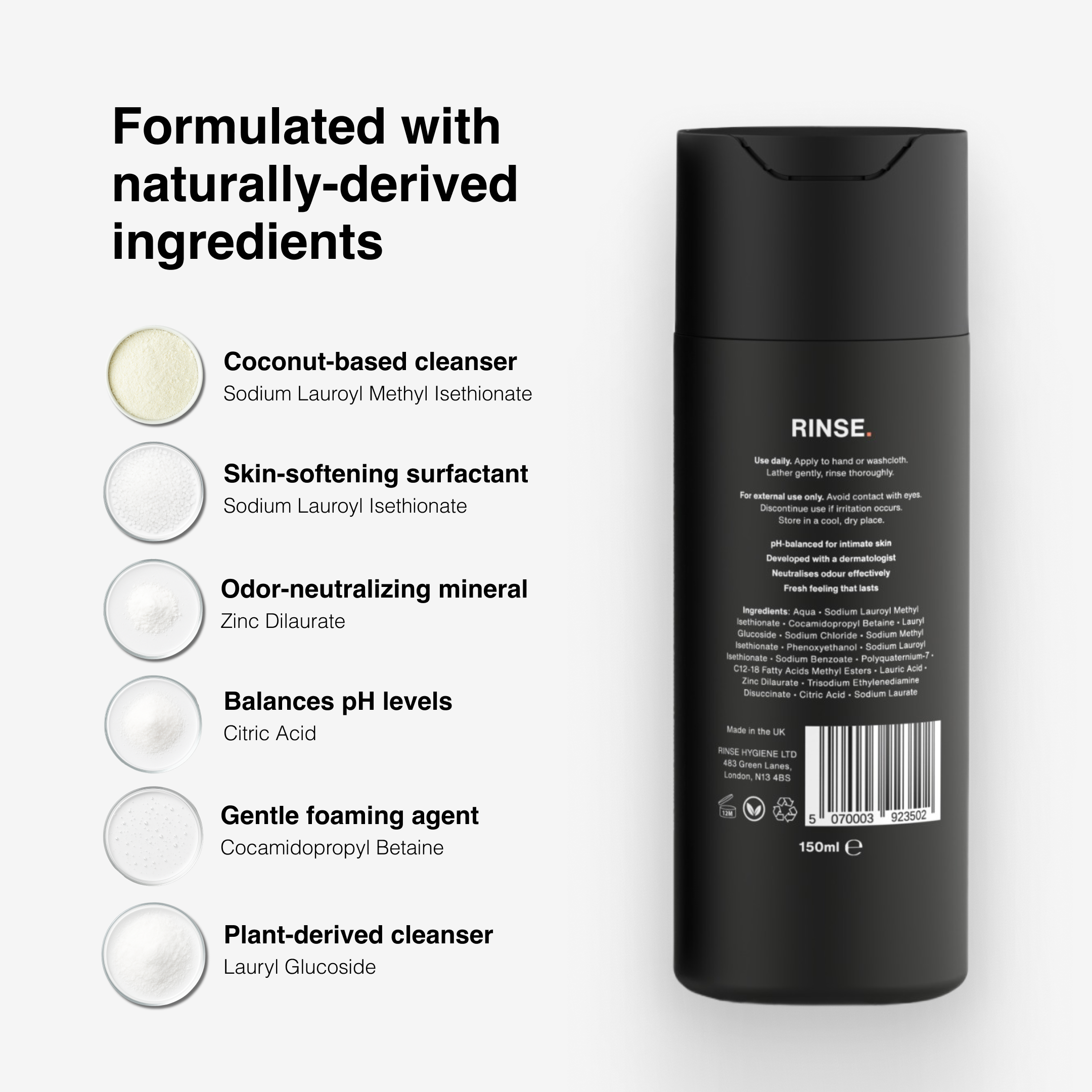 RINSE Daily men’s intimate wash bottle with ingredient breakdown showing naturally derived cleansers, pH-balancing minerals, and skin-softening surfactants on a white background.