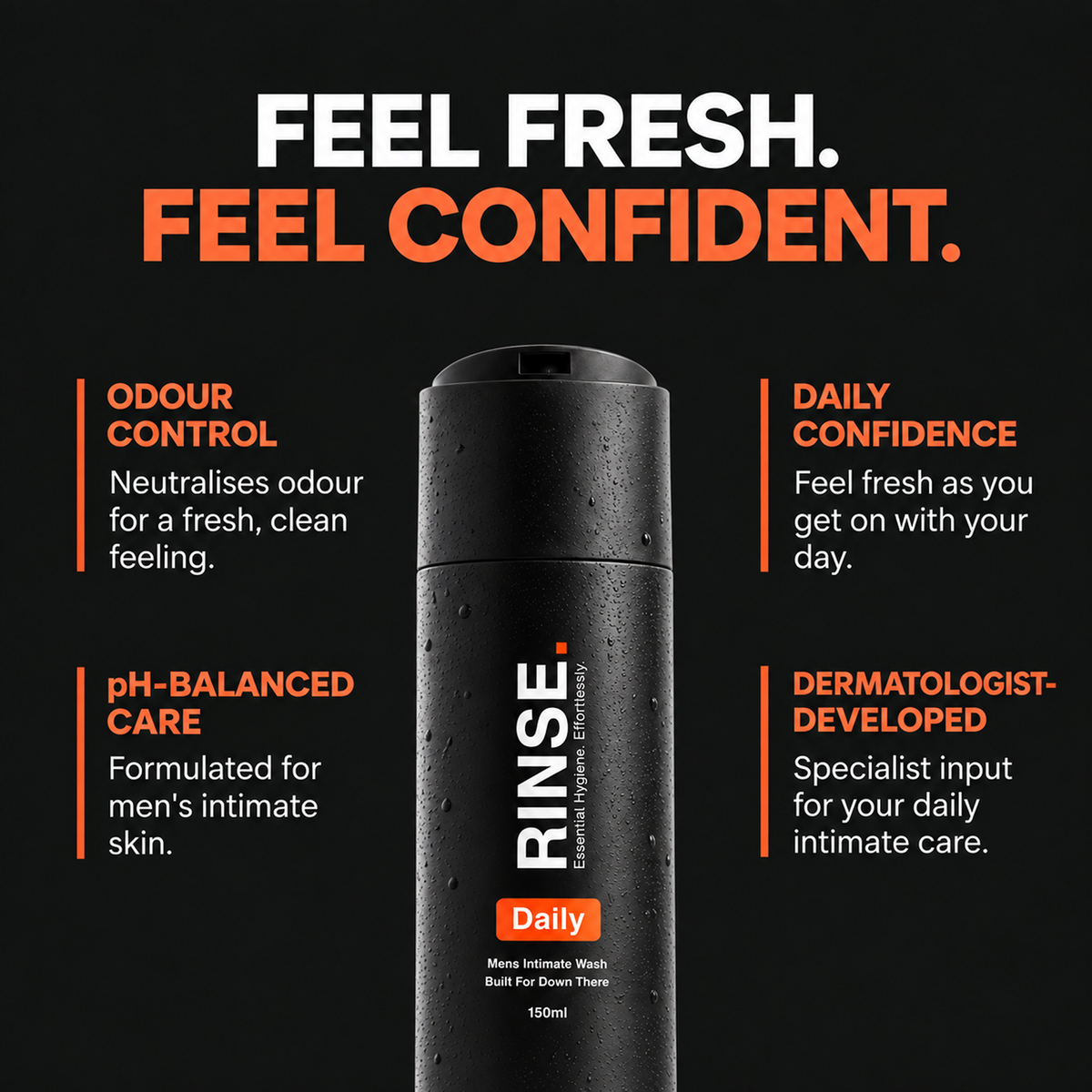 RINSE men’s intimate wash with odour control, pH-balanced care, daily confidence and dermatologist-developed formula.