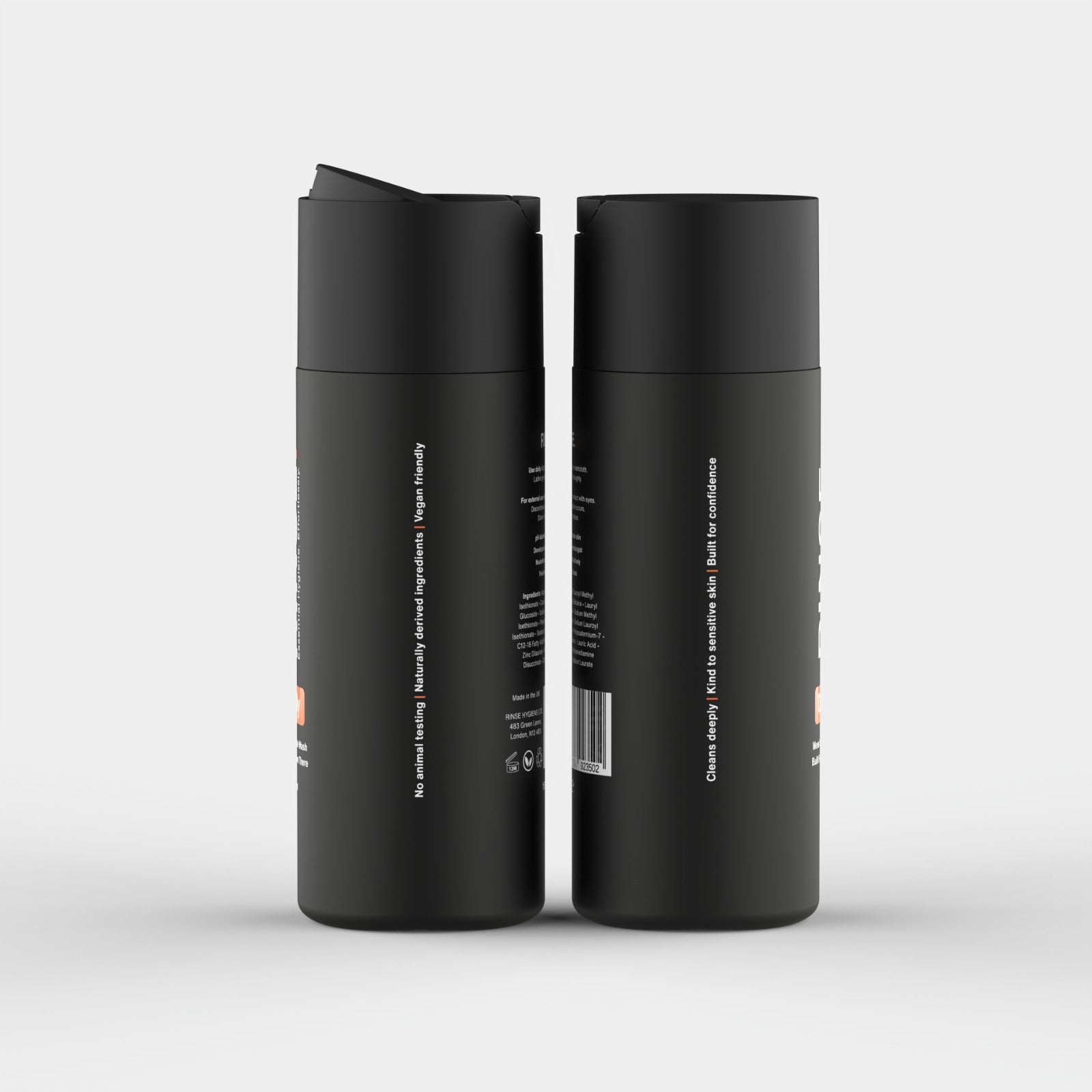Side view of RINSE Daily men’s intimate wash 150ml bottles, showing eco-friendly and vegan-friendly labeling on matte black packaging