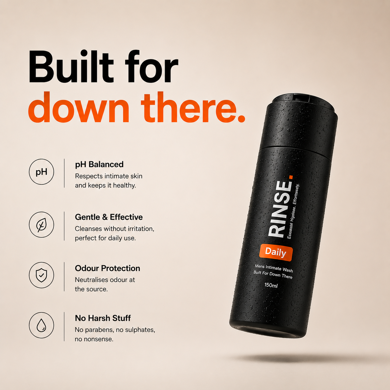 RINSE Daily men's intimate wash highlighting its pH-balanced, fragrance-free formula designed specifically for men's intimate skin.