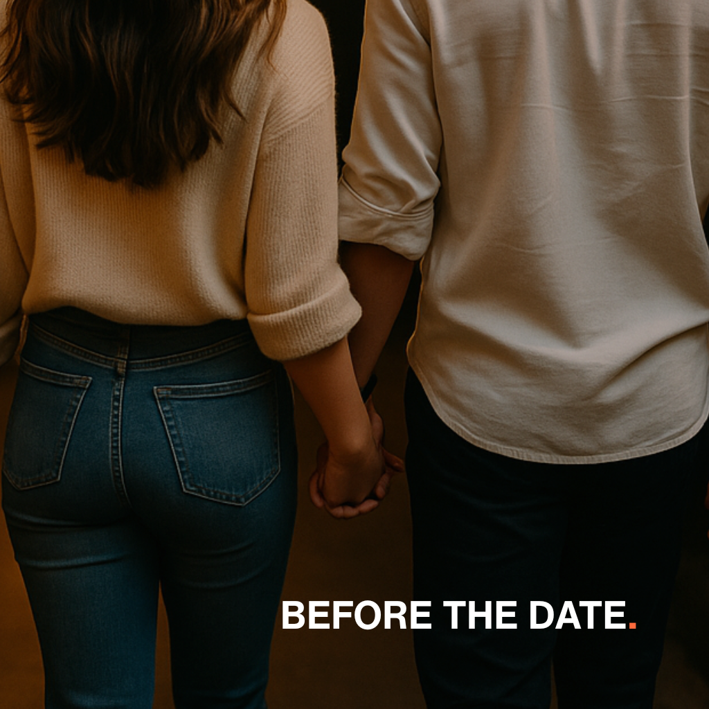 Couple holding hands before a date, warm lighting with text ‘Before the Date.’ representing confidence and freshness with RINSE