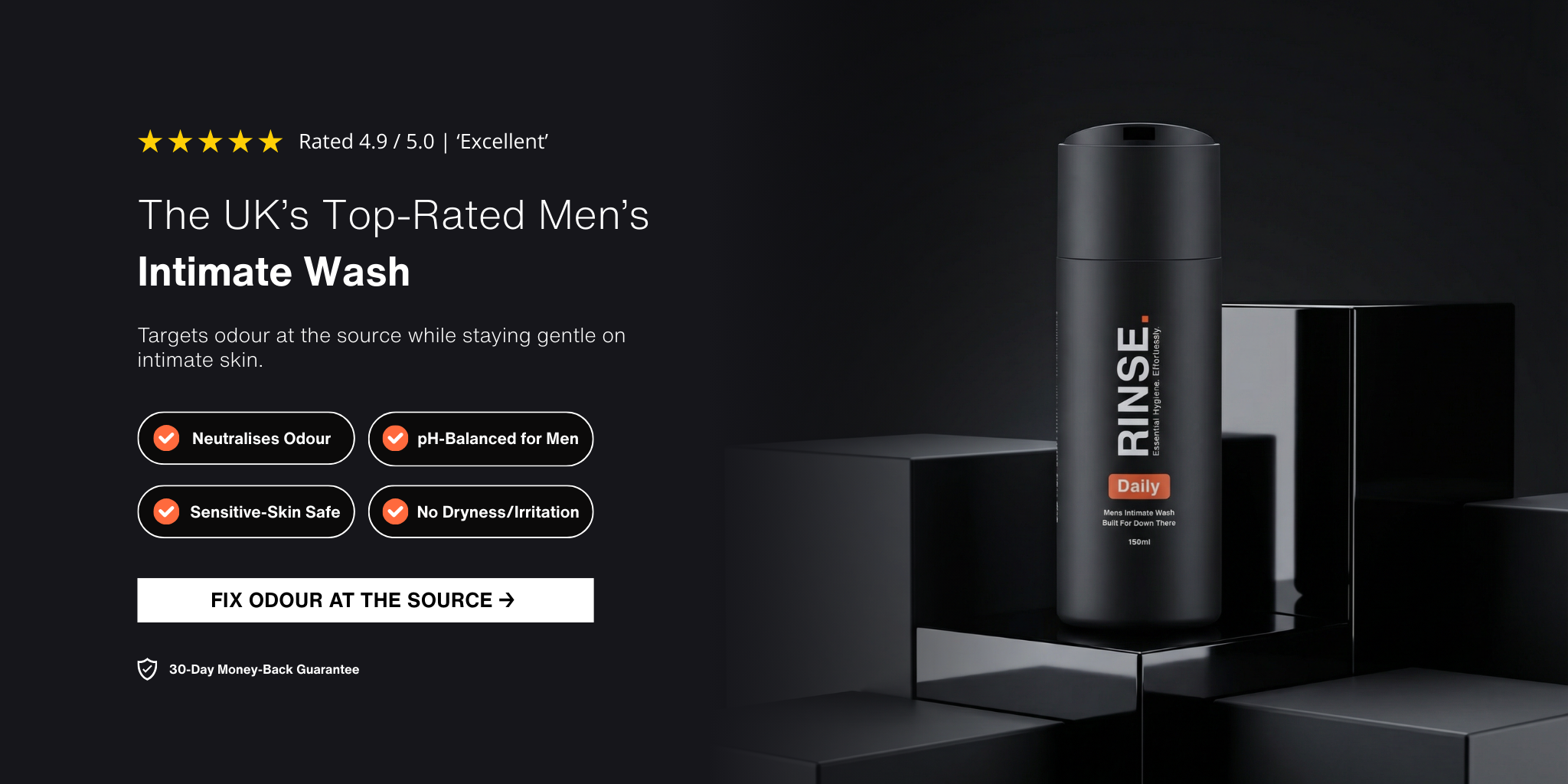 RINSE daily men’s intimate wash designed to control odour and prevent irritation