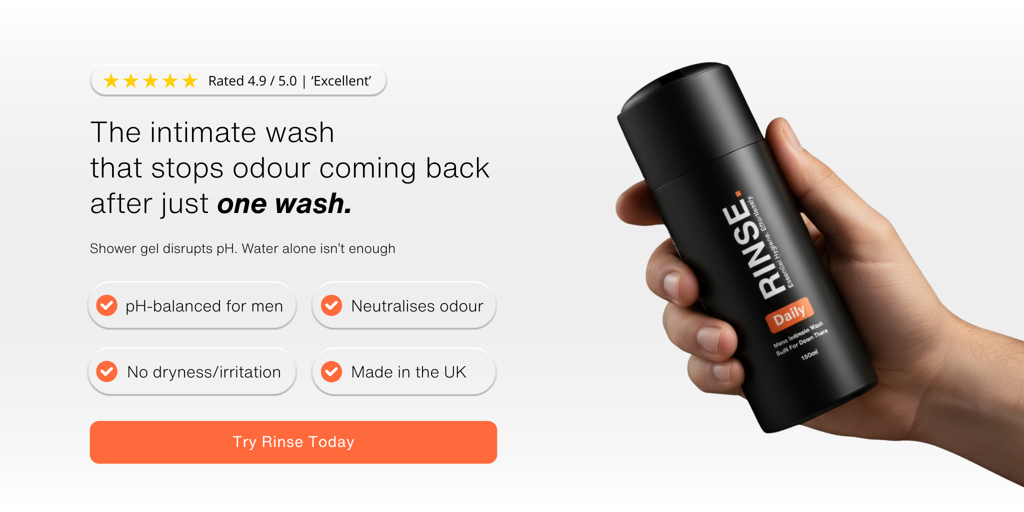 RINSE Daily men’s intimate wash held in hand – pH-balanced formula that stops odour coming back after one wash
